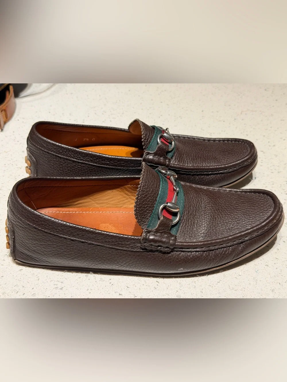 Gucci Dark Brown Pebbled Leather Bit Loafers with Green & Red Web